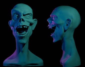 May include: A 3D printed model of a cartoon skull with a wide open mouth and one eye closed. The skull is painted in a teal blue color with a purple glow. The model is shown from two different angles.