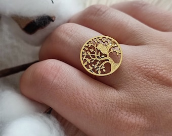 Adjustable gold or silver stainless steel ring Owl model on openwork tree of life, stainless steel ring, women's jewelry