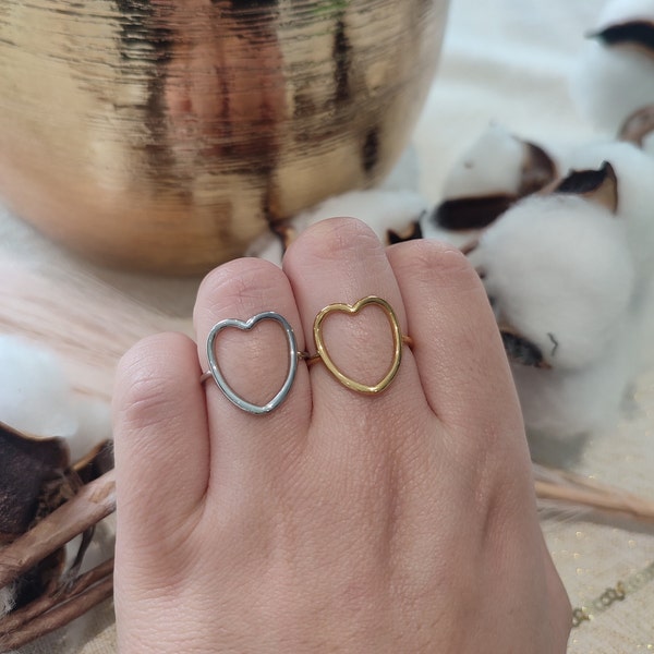 Verstelbare roestvrijstalen damesring, gouden of zilveren roestvrijstalen ring, hartvormige ring, jubileumcadeau