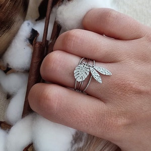 Women's ring with Monstera leaf and feather adjustable and adjustable gold or silver stainless steel multi rows, women's plant and feather ring