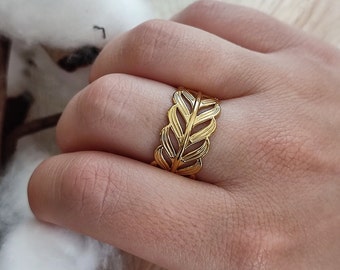 Adjustable gold stainless steel women's ring, Lina model, leaf stainless steel ring, women's jewelry