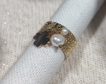 Adjustable gold stainless steel women's ring Lina model, clover charm stainless steel ring, women's jewelry, pearl ring gift idea