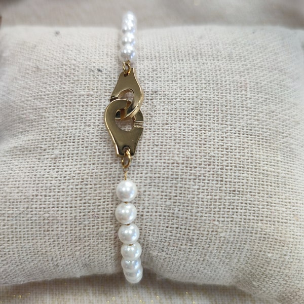 Bracelet de perle blanche avec fermoir réglable en acier inoxydable, bracelet perle ajustable, bracelet perle blanche, bijou perle menotte