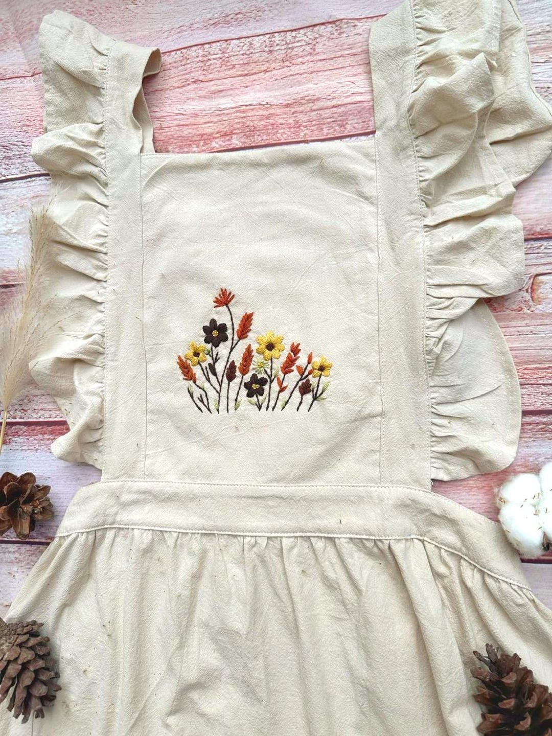 Beige Cotton Apron With Ruffled Straps | Autumn Wildflower Embroidery ...