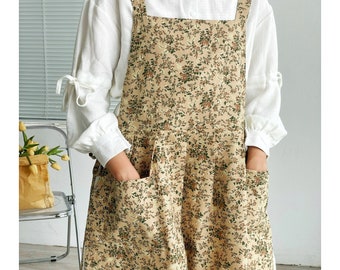 Apron Floral Dress for Women Linen Cotton Apron with Pockets Floral Apron