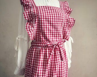 Robe tablier à volants en vichy : tablier de cuisine en coton de style vintage