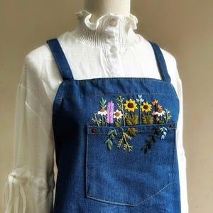 Unique Personalized Hand Embroidered Denim Apron for Women with Wildflower Pocket Design, Gift for Mom and Gardeners