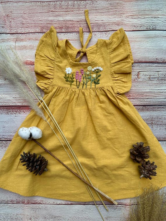 Handmade Embroidered Wildflower Cotton Toddler Dress - Mustard Yellow - Etsy