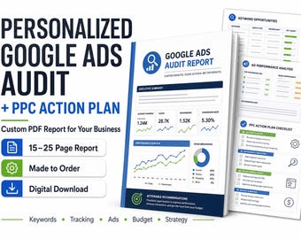 Könnte beinhalten: Ein digitaler Google Ads Audit-Bericht und ein PPC-Aktionsplan. Das Deckblatt zeigt den Titel Google Ads Audit Report mit Diagrammen, Grafiken und Datenmetriken. Weitere Seiten enthalten Keyword-Möglichkeiten und Checklisten für die Geschäftsstrategie.