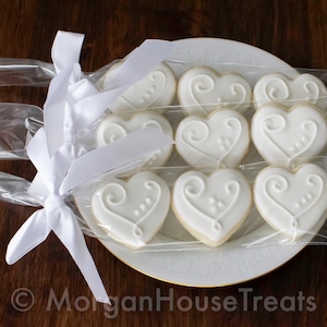 Elegant White Heart Cookie Sleeves, 1.75” Almond Sugar Cookie Hearts, Wedding Shower Anniversary Favor