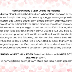 Image lists ingredients and allergens for iced strawberry sugar cookies. This information is also provided in listing details. Image has whimsical light pink heart borders on top and bottom.