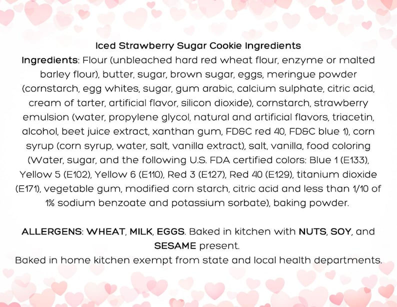 Image lists ingredients and allergens for iced strawberry sugar cookies. This information is also provided in listing details. Image has whimsical light pink heart borders on top and bottom.