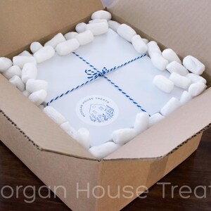 White bakery box packed in open cardboard shipping box showing white compostable packing peanuts. Morgan House Treats watermark on bottom of photo.
