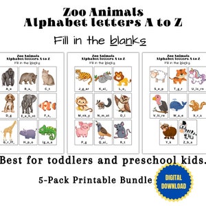 Actividad educativa / Complete los espacios en blanco / Letras del alfabeto de animales del zoológico de la A a la Z / Lo mejor para niños pequeños y en edad preescolar