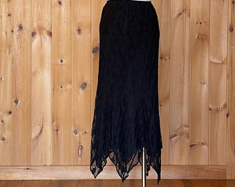 Vintage Y2K Black Lace Maxi Skirt with Handkerchief Hem with Silk Slip | NEW with Tag | Black Lace Long Elegant Pixie Skirt S