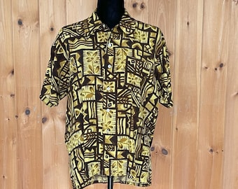 Vintage 50s Hawaiian Shirt | Authentic Handscreened Rayon Aloha Short Sleeve Tiki Floral Button Up Shirt in Yellow Brown | Mens Large