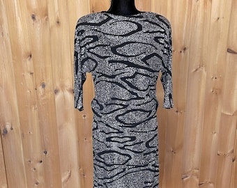 Vintage 80s Ricki Lang Skirt Set, Glitter Animal Print, Batwing Top