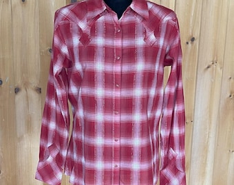 Vintage Wrangler Plaid Western Snap Shirt, Metallic Thread, Size Medium