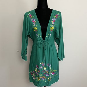 Vintage Green Floral Embroidered Tunic Dress
