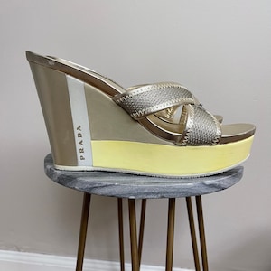Authentic Prada Gold Platform Wedges Mules Sandals size 9 NEW in BOX