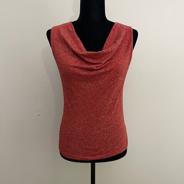 Vintage 90s Cowl Neck Shirt Burnt Orange Silver Sparkle Top