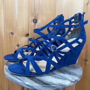 Blue suede strappy heels online