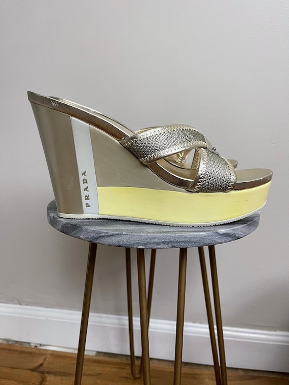 PRADA Gold Platform Wedges Mules Sandals size 9 NE
