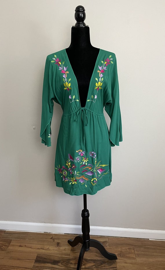 Vintage Green Floral Embroidered Tunic Dress