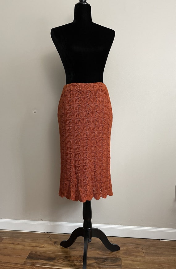 Vintage 80s Burnt Orange Scallop Knit Skirt / Beac