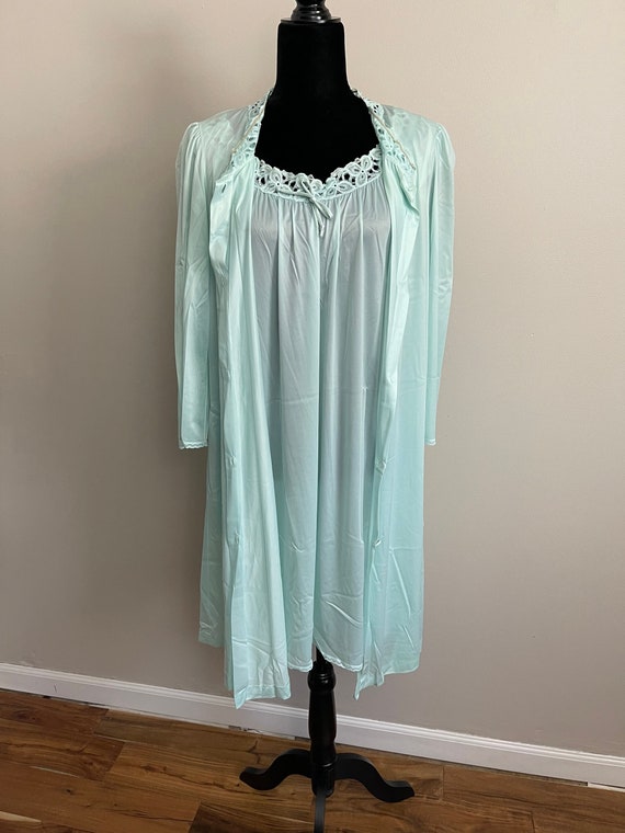 Vintage 70s Vanity Fair NightGown Robe Set Aqua L… - image 1