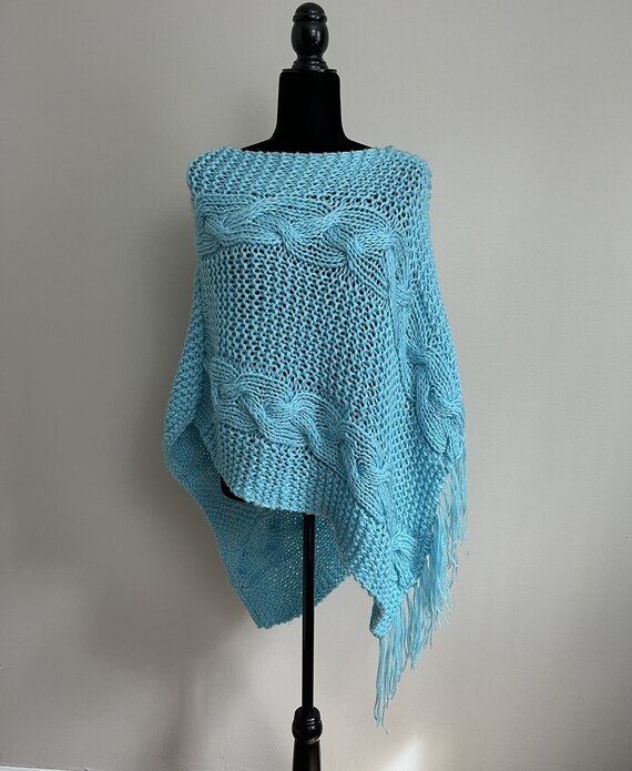 Handmade Aqua Cable Knit Sweater Poncho