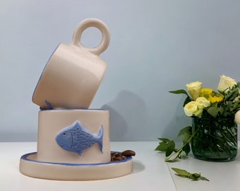 White and Blue Fish Embossed Cup | Espresso Coffee Cup - Turkish Coffee Cup - Greek Coffee Cup | Ceramic Handmade Mug | Handmade Gifted