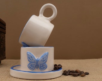 White and Blue Butterfly Embossed Ceramic Cup | Handmade Ceramic Cup | Espresso coffee Cup | Hand-painted Coffee Cup | Pottery Mug Handmade
