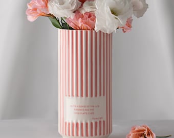 Pink and White Striped Personalized Ceramic Vases | Decorative Ceramic Planter | Pottery Vase | Names of Your Loved Ones