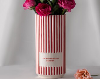 Red and White Striped Personalized Ceramic Vases | Custom Flower Pot | Vase Minimaliste | Valentines Gifte | Love is the Beauty of the Soul