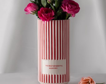 Red and White Striped Personalized Ceramic Vases | Custom Flower Pot | Vase Minimaliste | Valentines Gifte | Love is the Beauty of the Soul