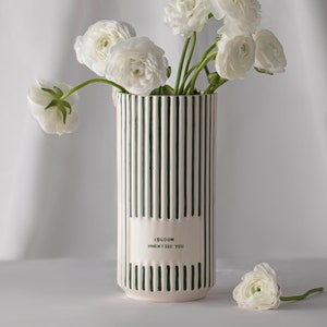 Green and White Striped Personalized Ceramic Vases Custom Flower Pot Vase Minimaliste I Bloom When I See You image 1