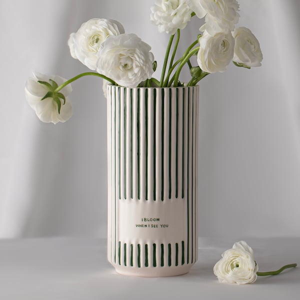Green and White Striped Personalized Ceramic Vases | Custom Flower Pot | Vase Minimaliste | I Bloom When I See You