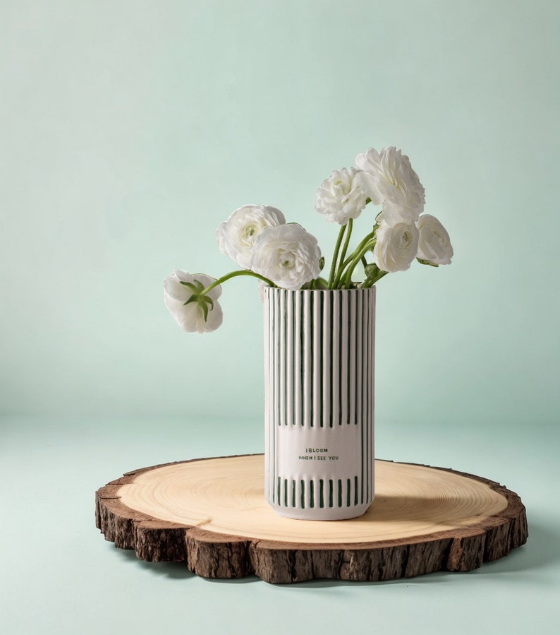 Green and White Striped Personalized Ceramic Vases Custom Flower Pot Vase Minimaliste I Bloom When I See You image 3