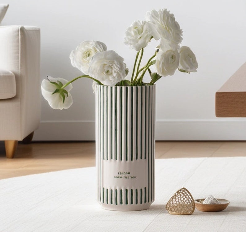 Green and White Striped Personalized Ceramic Vases Custom Flower Pot Vase Minimaliste I Bloom When I See You image 7