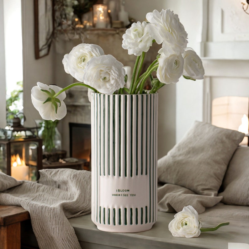 Green and White Striped Personalized Ceramic Vases Custom Flower Pot Vase Minimaliste I Bloom When I See You image 5