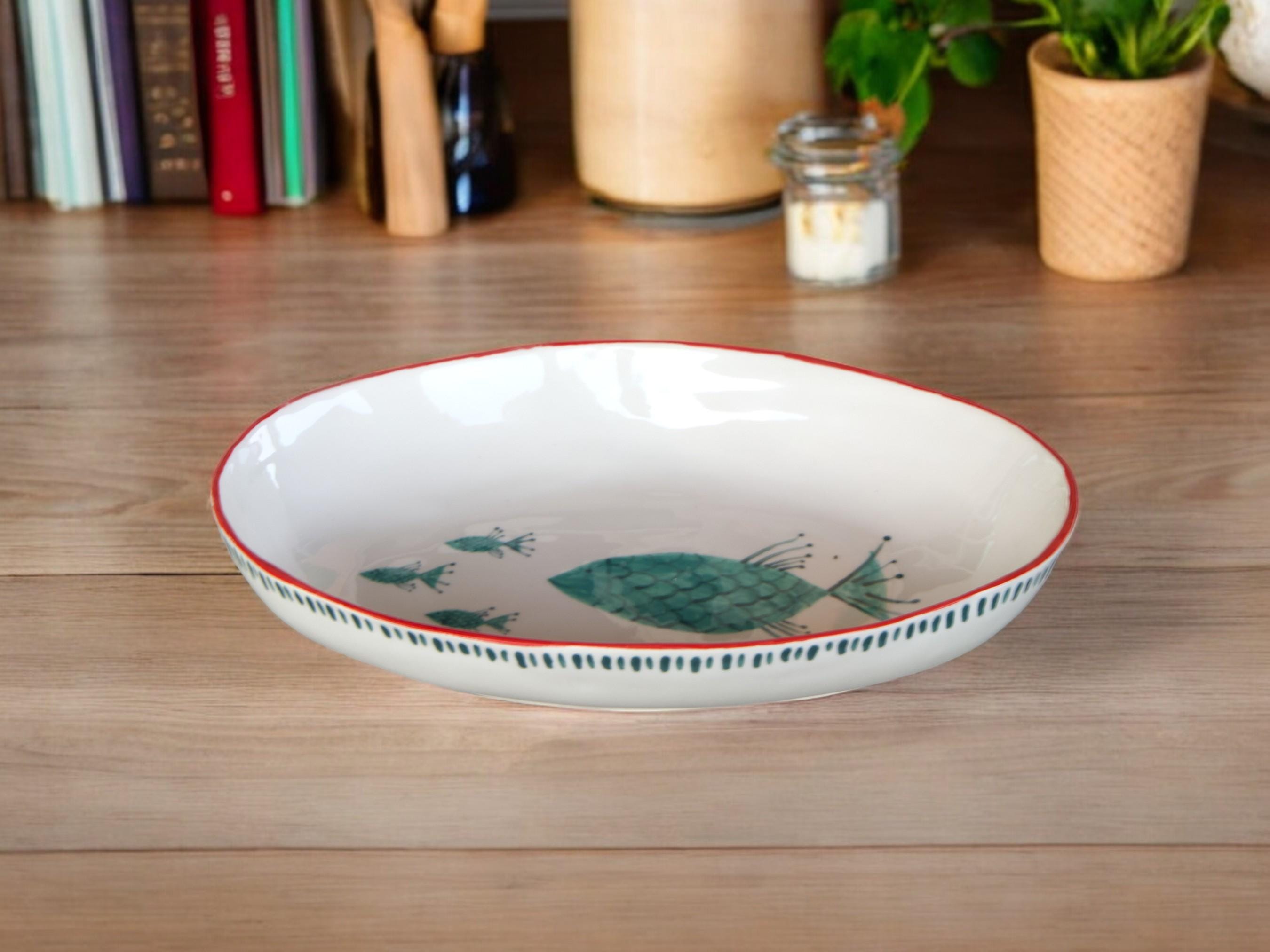 Handmade Ceramic Fish Patterned Salad,Pasta Bowl | Ocean-Themed Boho Kitchen Décor |  Coastal Dinnerware Gift