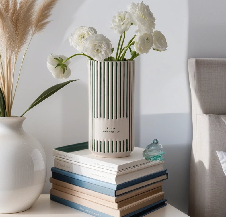 Green and White Striped Personalized Ceramic Vases Custom Flower Pot Vase Minimaliste I Bloom When I See You image 2