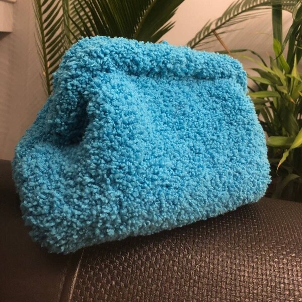 Blue Teddy Pouch Bag Fluffy Pouch Luxury Plush Shearling Clutch for Woman, mothers day gift