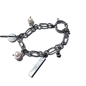 Chunky steel chain bracelet with charms and pearls