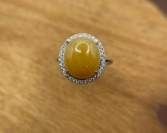 Natural grade A Burmese Icy Yellow Jadeite cabochon with Cubic Zircon Sterling Silver Ring