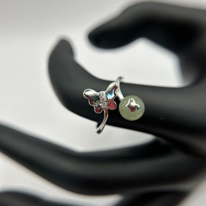 Anillo ajustable de plata de ley de jadeíta verde birmana de grado A natural