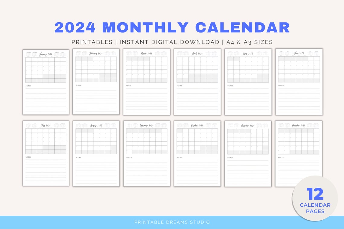 2024 Printable Monthly Calendar With Notes Section PDF - Etsy