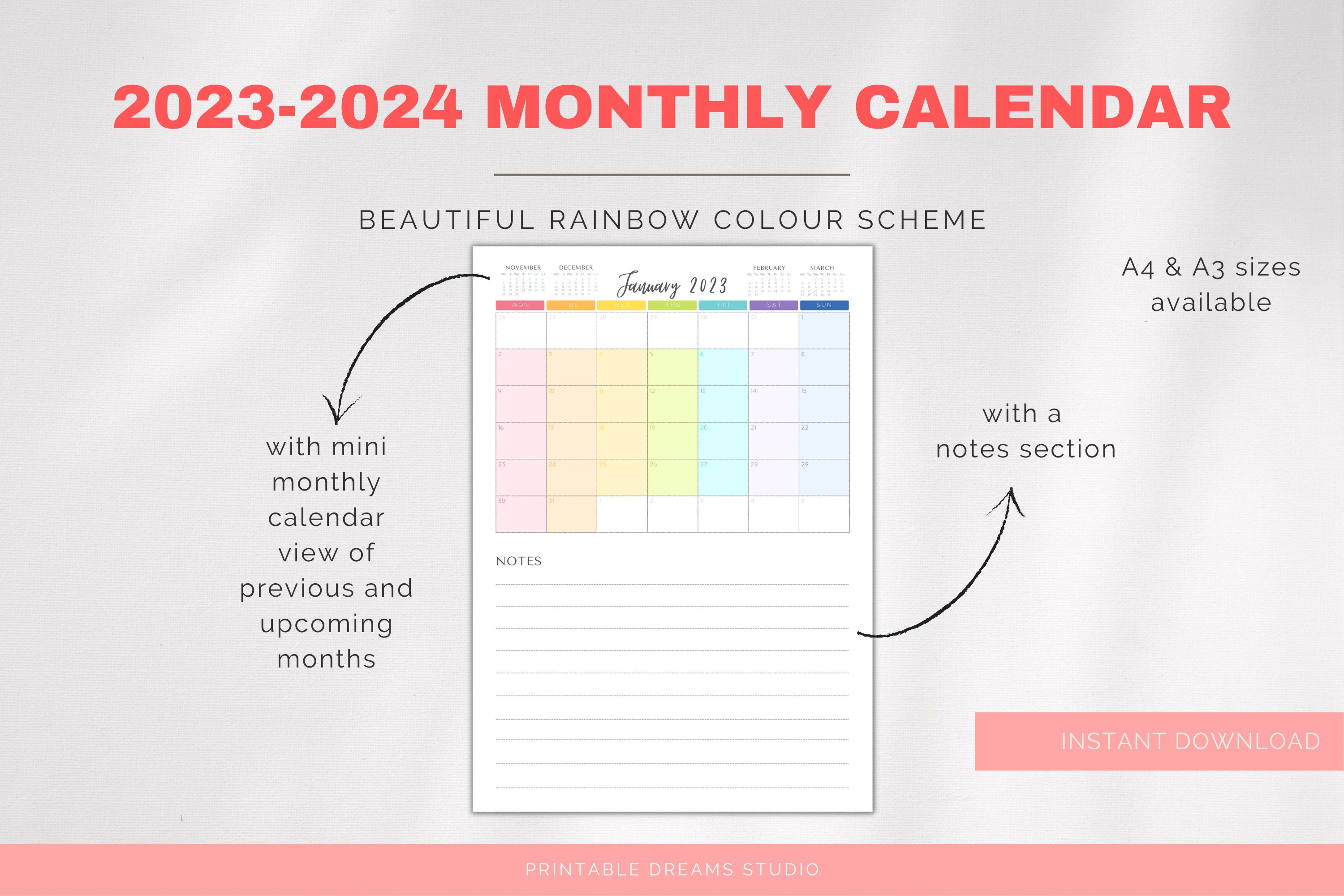 20232024 Printable Rainbow Monthly Calendar With Notes Etsy
