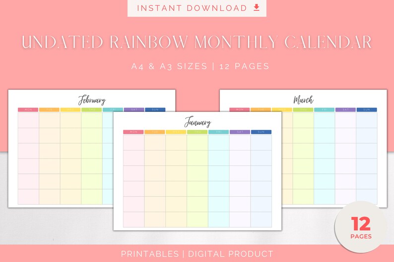 Printable Blank Undated Reusable Rainbow Monthly Calendar PDF Digital File A4 & A3 Sizes Monday ...